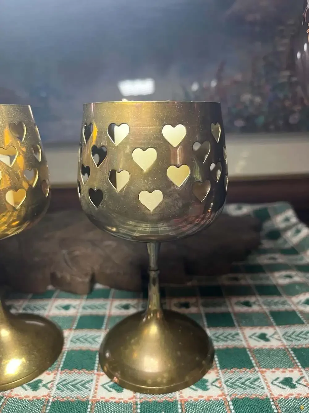 Vintage Hosley Brass Heart Cutout Goblet Votive Candle Holders, Set of 2